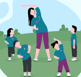 Drawing of coach stretching with students outside